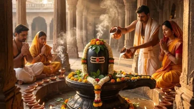 गुरु प्रदोष पर शिवलिंग की पूजा करते भक्त