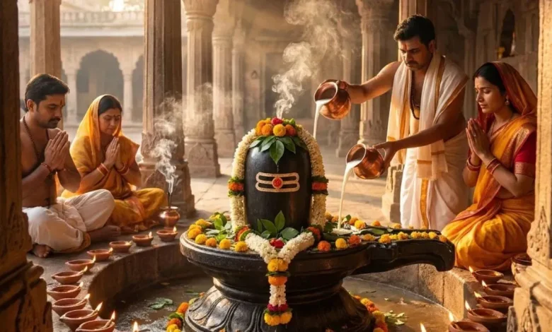 गुरु प्रदोष पर शिवलिंग की पूजा करते भक्त